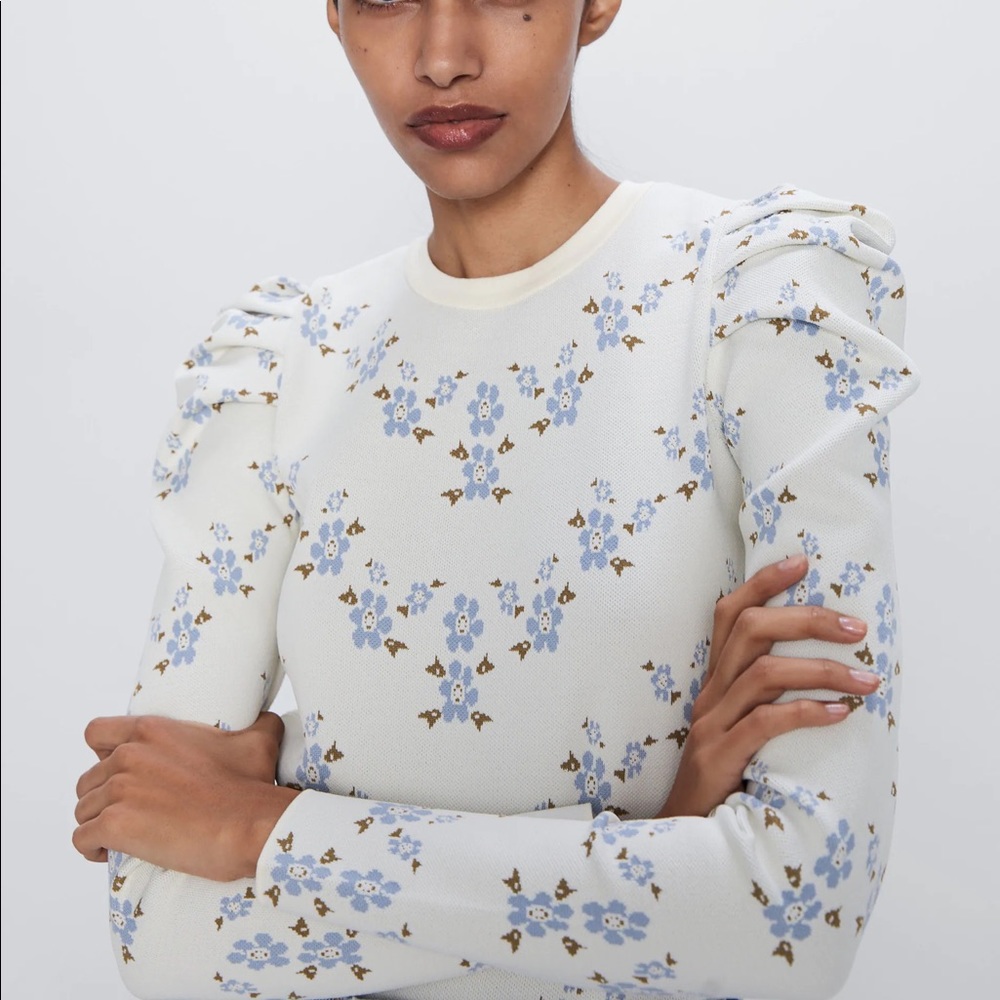 Zara floral puff shoulder sweater sz S